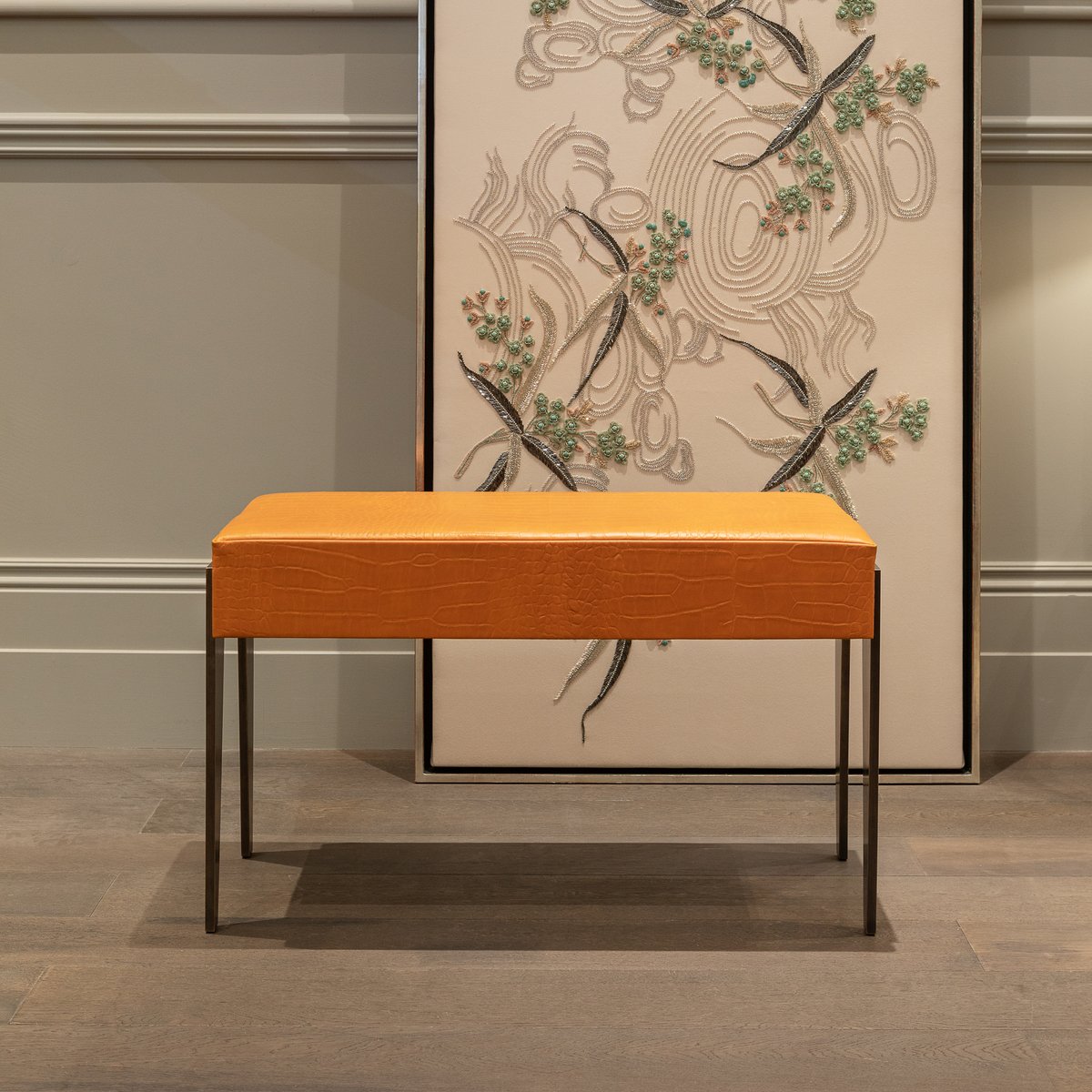 It's Halloween Time again!! Here's the perfect seat for your guest "of 6" to enjoy! The Byzantine Bench in faux croc semi-exotic leather and Antique metal legs. #bench #leatherfurntiture #benches #fauxcroc #orangeleather #beaumontandfletcher #embrodiery#furniture