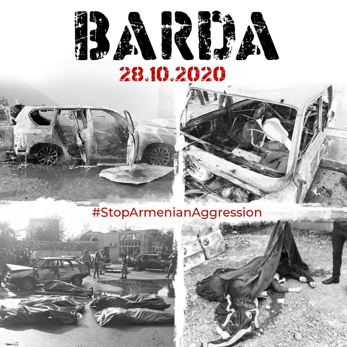 DevelopKarabakh's tweet photo. Armenian armed forces, violating the humanitarian ceasefire, have fired at the city of #Barda with the "Smerch" MLRS, killing and injuring civilians and damaging civilian infrastructure.

#Bardacity  #WarCrimes #StayStrongBarda #StopArmenianAggression #KarabakhisAzerbaijan https://t.co/T9WTaoODUL