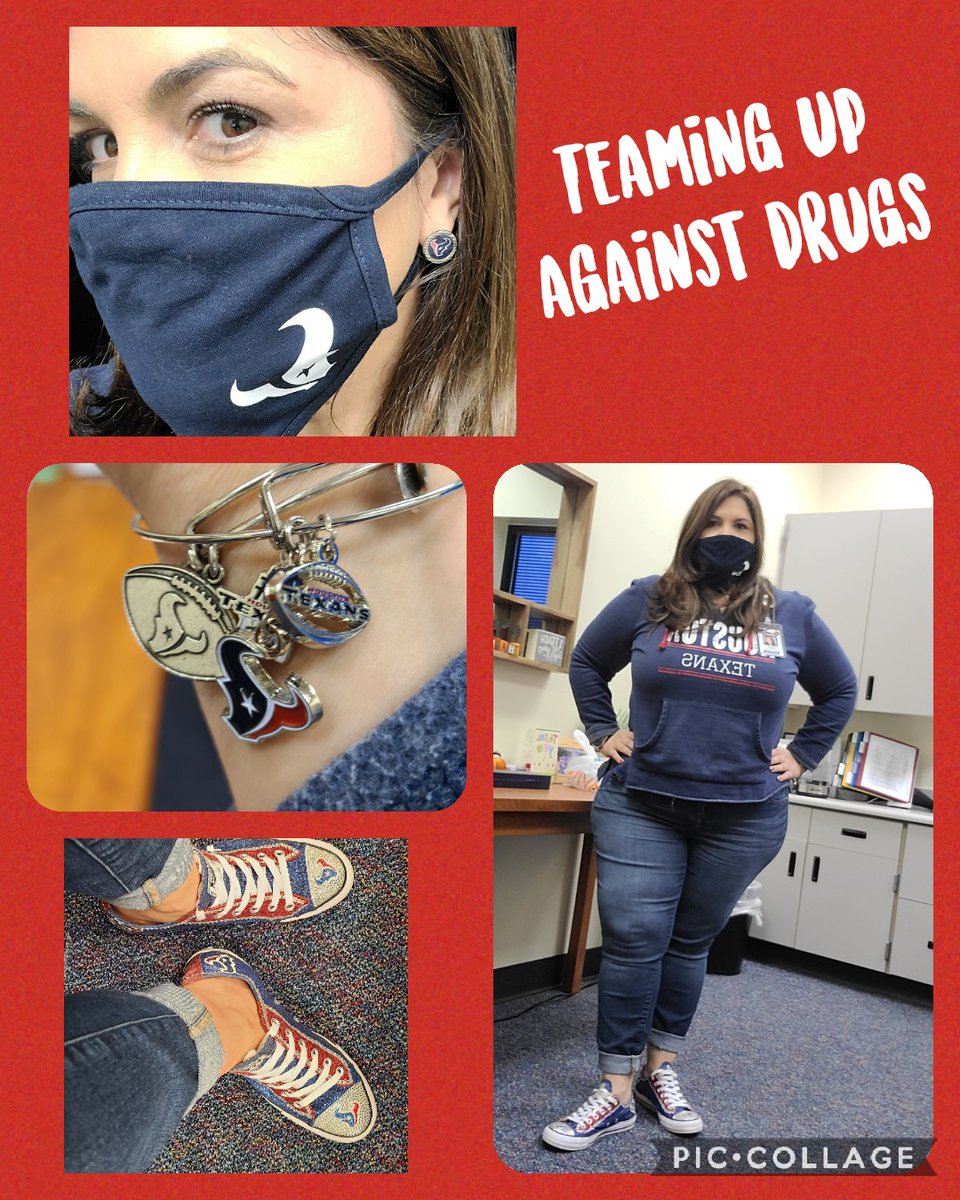 MatturroMEd's tweet photo. When asked to 'Team up against drugs', you know I had to sport my Texans gear from head to toe!! #ingoodtimesandbad Shout out to @KTTeeV for my mask & as always my fave bro @AlexMatturro for my shoes!! 💙🏈❤ #RedRibbonWeekFun https://t.co/lSyhLaBBZX