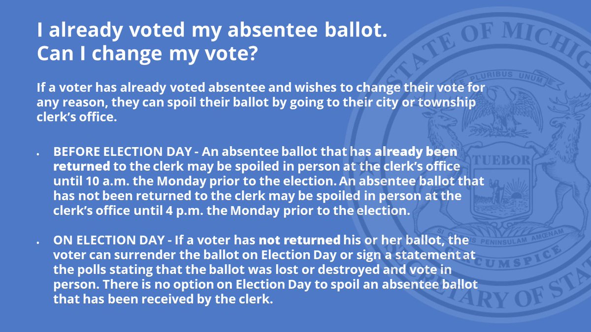MichSoS's tweet image. In Michigan, it is possible to spoil your absentee ballot for any reason. Here is what you need to know.