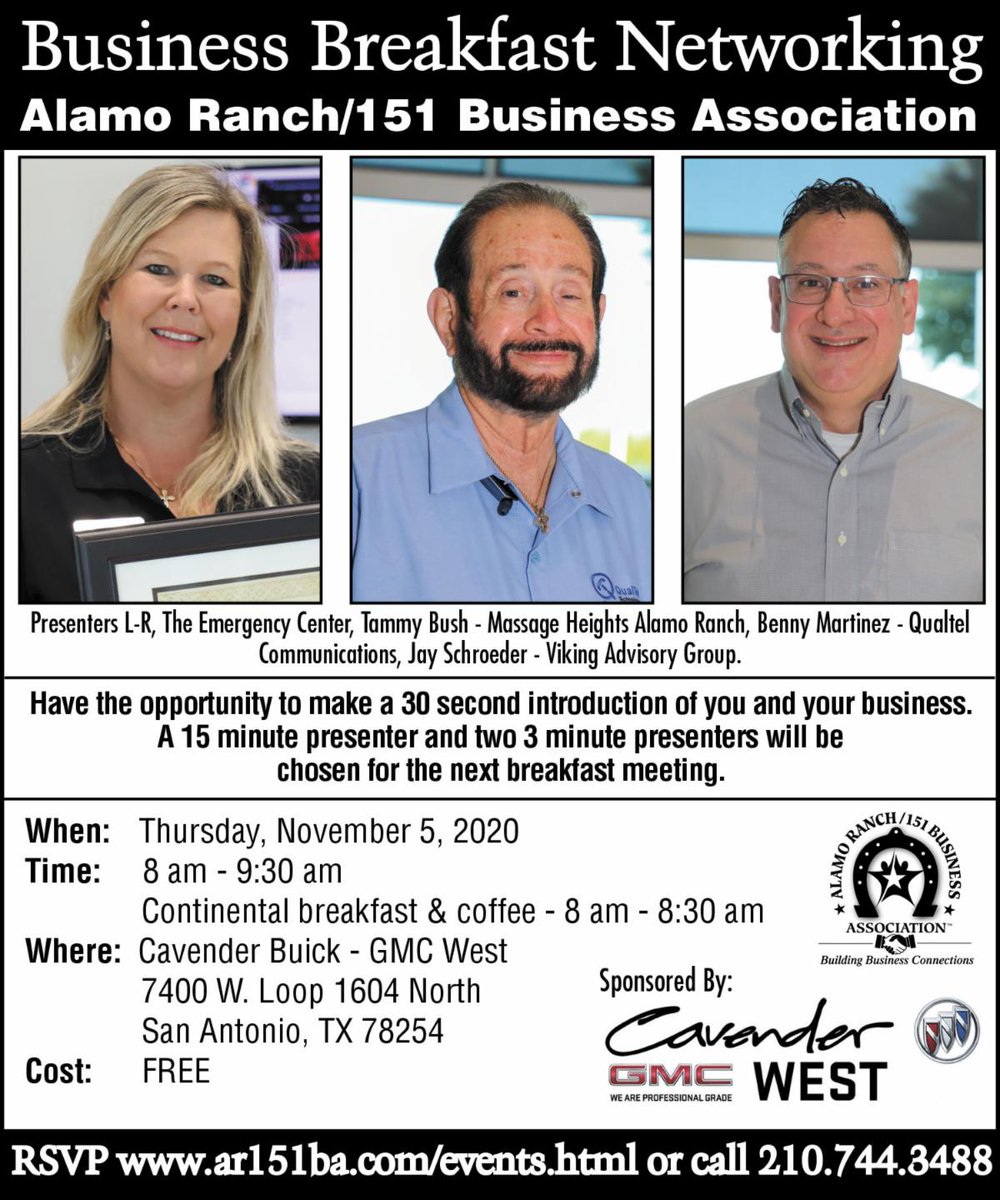 alamoranch151's tweet photo. Business Breakfast Networking Thur. Nov.5, &amp; More - RSVP https://t.co/DdUqyJibEX https://t.co/rLAmR45qy0