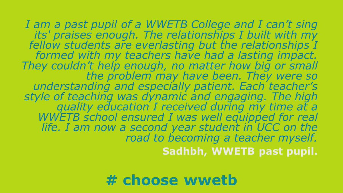 SineadOHara10's tweet photo. Why choose WWETB as patron of a new Community College for Gorey 2021? These testimonials from a past pupil, one of our SNAs and one of our teachers (who is also a past pupil!) speak volumes. @WWETBOfficial @Gorey #community #quality #learningforlife #learnercentred #choosewwetb https://t.co/nAqZpp3i9g
