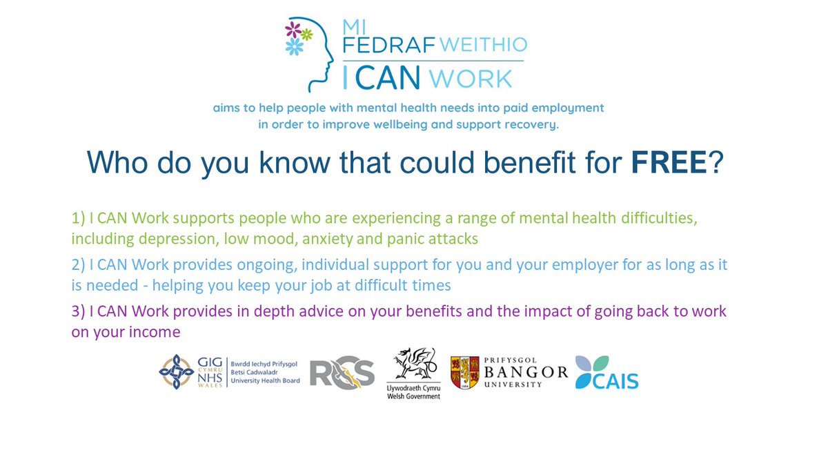 RCSwales's tweet photo. Who do you know that could benefit from FREE, professional, ongoing support to help with anxiety and stress in work or finding work? 
I CAN Work service has helped over 600 people and is fully funded. Please spread the word
https://t.co/ixUmsVw96a
https://t.co/RvfrpO6ZY1 https://t.co/omamq3Y2D1