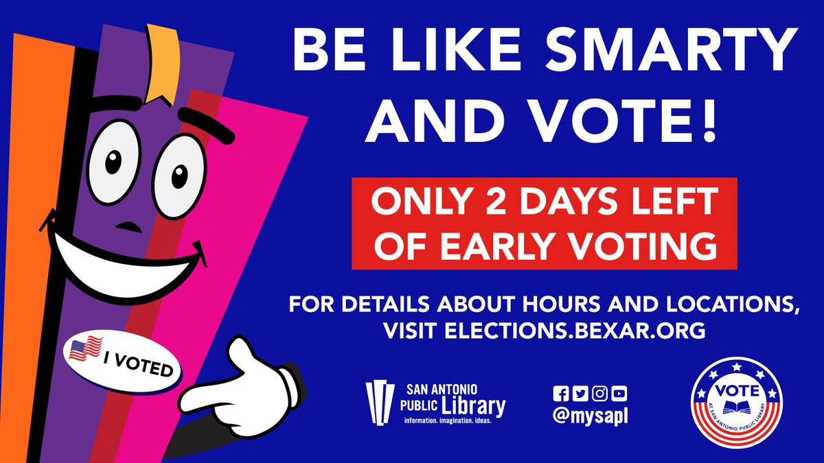 mysapl's tweet photo. Our mascot, Smarty knows how important voting is. Be like Smarty and go vote! Early voting closes this Friday, October 30! All voting locations will be open from 8am-10pm this week. For details, visit https://t.co/4LXNV6ndNg. #VoteatSAPL https://t.co/9TtRNNWmDu
