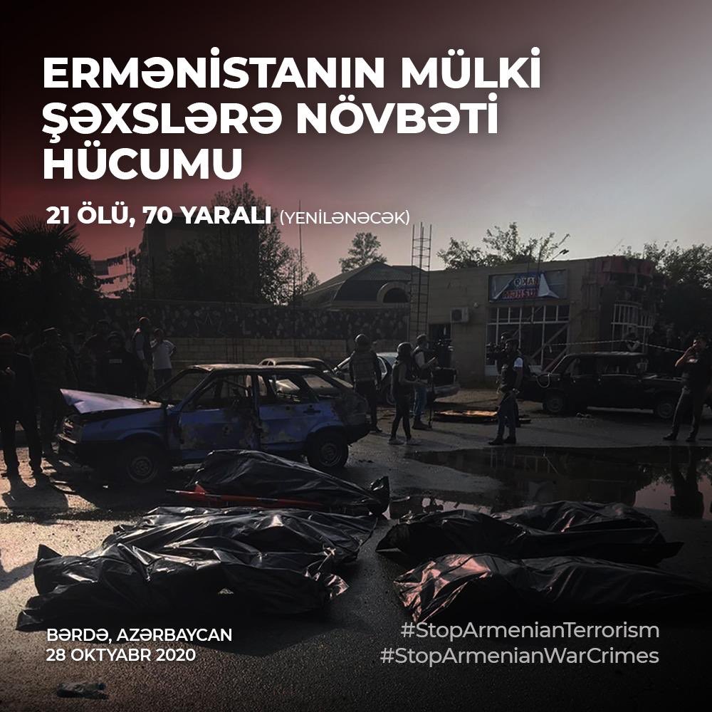 Bu gün Ermənistan silahlı qüvvələri dinc Azərbaycan şəhəri Bərdəyə növbəti dəfə qəddarcasına, qeyri-insani zərbə endiriblər.
Zərbə nəticəsində 21 nəfər həlak olub, 70 nəfər ciddi xəsarət alıb. Təəssüf ki, qurbanların sayı artmaqda davam edir.

bit.ly/2TB4u28