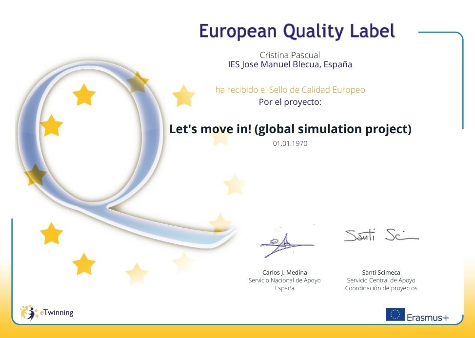 ¡Uno de esos reconocimientos que te alegran el día! Sello de Calidad Europeo por el proyecto 'Let's move in (a global simulation project)' curso 2019/2020. Gracias a mis chicos y chicas de 2°Brit, a mi compañera Ana y socios por el gran trabajo realizado! #etwinning #EQL <a href="/4Blecua/">4th Ave Blecua</a>