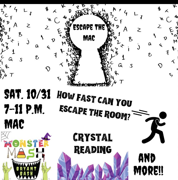 So many awesome things to look forward to at Monster Mash Bryant Bash! Escape room, crystal reader truck or treating &amp; more at Chace! sign up ahead on Engaged for the escape room!! <a href="/bryant_rec/">Bryant Campus Rec</a> <a href="/bryantcsli/">Bryant CSLI</a> <a href="/bryantcareer/">Bryant Career Center</a> <a href="/BryantReslife/">BryantReslife</a> <a href="/CDIBryant/">Bryant PwC CDI</a> <a href="/bryantuniv/">Bryant University</a> <a href="/lifeatbryant/">Bryant Student Life</a>