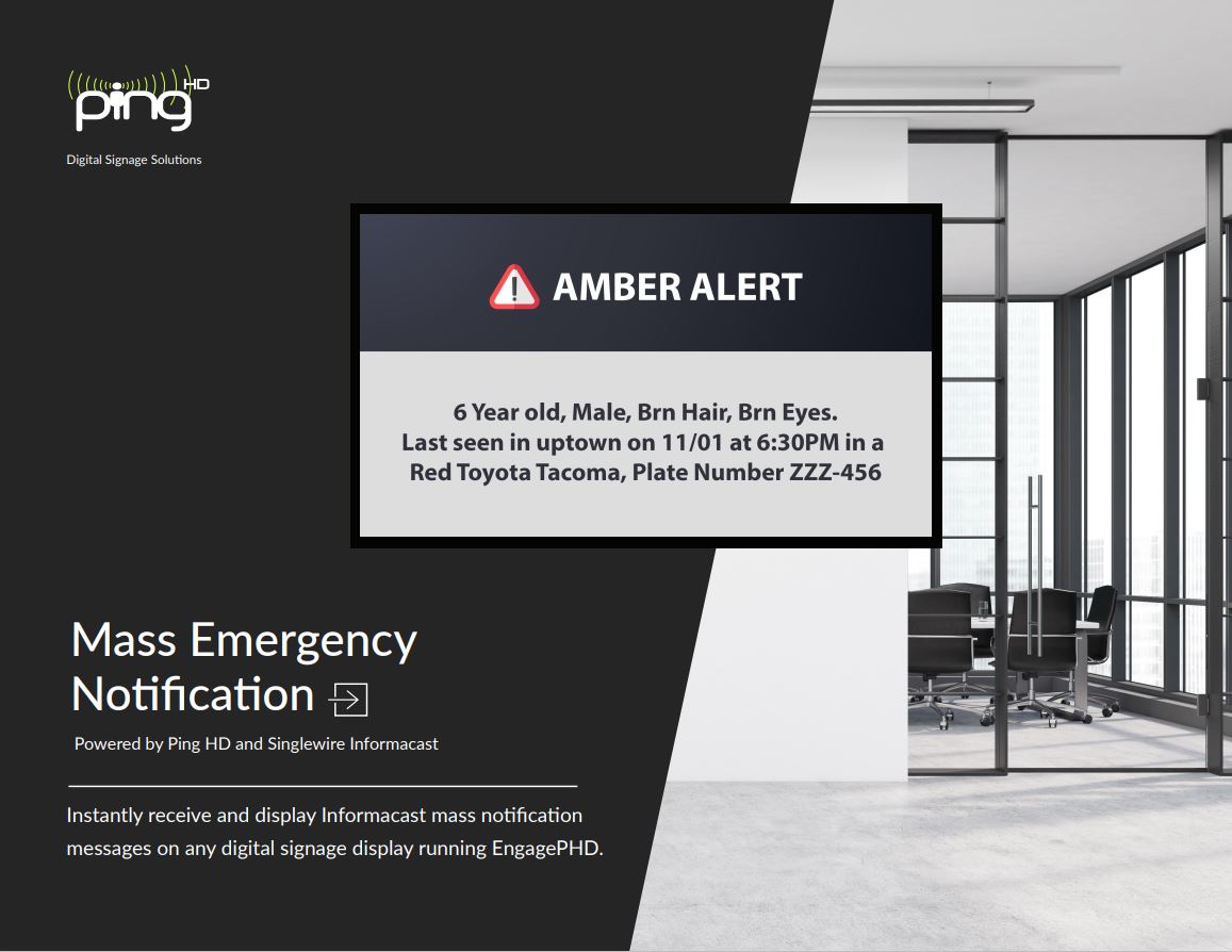 DavePetricig's tweet photo. #DYK that @PingHD  has integrated with @singlewire? Instantly receive and display Informacast mass notification messages on any digital signage display running EngagePHD. Ask me how. 
#digitalsignage #content #Software #emergencymessaging #AmberAlert #avtweeps #crisismanagement https://t.co/5AJyEnnReI