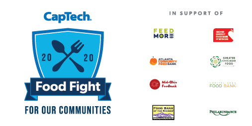 CapTech_Tweets's tweet photo. 4 years ago CapTech kicked off our national Food Fight campaign to support families in need within our communities. This week marks the start of Food Fight 2020! Share this post along with a link to your local #foodbank to encourage donations in your area. #CapTechCares https://t.co/Cq0cr8gBB5