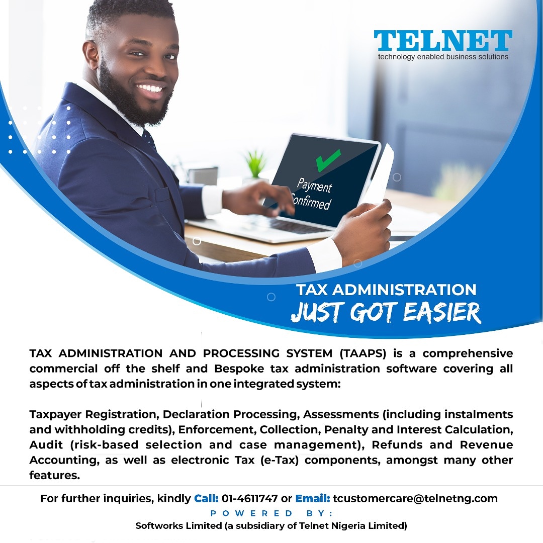 TelnetNG's tweet photo. TAAPS is a comprehensive commercial tax administration software covering all aspects of tax administration in one integrated system:
Tax Administration just got easier!
#TAAPS
#TaxSolutions
For further enquiries, kindly call: 01-4611747 or email: contact@telnetng.com https://t.co/4paCyjFRXj
