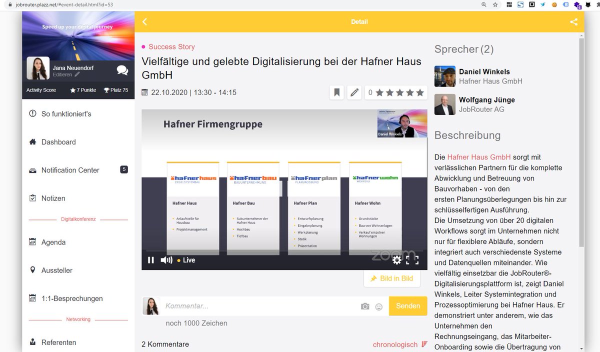 jobrouter's tweet photo. 👏 Applaus an unseren lieben Kunden die Hafner Haus GmbH! Vielen Dank an Herrn Daniel Winkels, Leiter Systemintegration und Prozessmanagement, für den tollen Vortrag und die spannenden Einblicke bei der #JobRouter #Digitalkonferenz 2020!

#goDigital #Digitalisierung #jrdk2020 https://t.co/JGzhOgJMIt