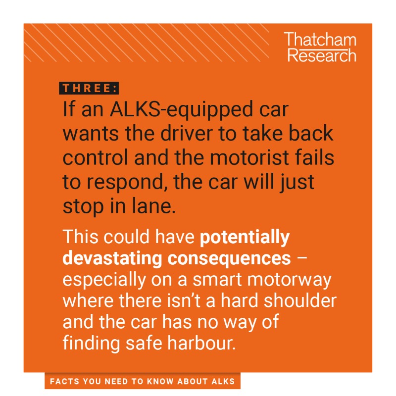 ThatchamRsrch's tweet photo. FACT: ALKS-equipped vehicles could stop in lane - if the driver fails to take back control.
This could pose a serious threat to the occupants of the vehicle and other road users.
#ALKSIsNotAutomated
