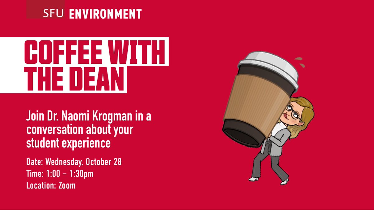 SFUENV's tweet photo. FENV Undergrads! Dr. Naomi Krogman will be hosting a coffee chat today at 1:00PM!☕️

Come engage in a conversation about your student experience with your classmates at our first Coffee with the Dean event! 

#SFUenvironment 
Register: https://t.co/3U7kQxI1xg https://t.co/2wdThs6FH7