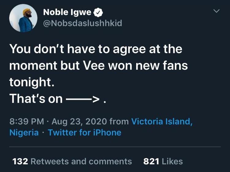 Special thanks to  @Nobsdaslushhkid .  @veeiye he was the one who took that Stormy Queen of Flames pics. He campaigned for you and  @NeoAkpofure when you guys were up for eviction and defended you when trolls dragged you.God bless you sir