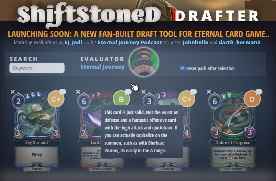shiftstoned's tweet photo. 📯 Announcing a new fan-built, web-based drafting companion for @EternalCardGame featuring evaluations by @PodcastEj. Coming soon to ShiftStoned: https://t.co/v1LceA8Ib3 https://t.co/hKHjzGb6px