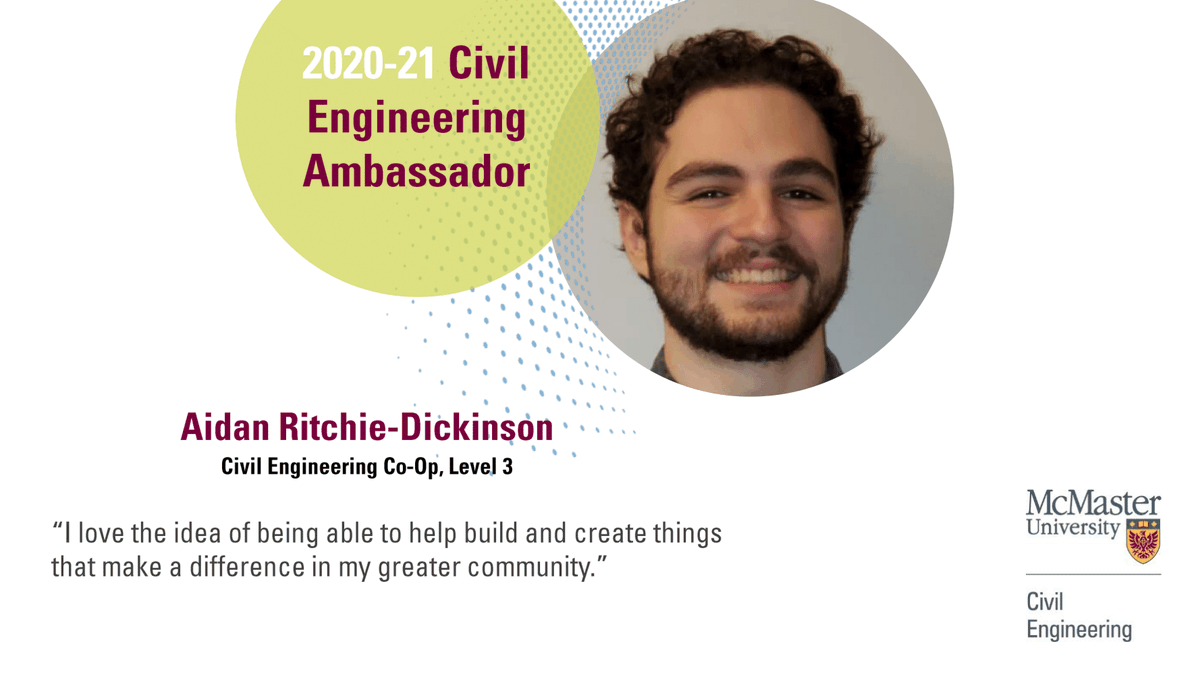 MacCivEng's tweet photo. Meet Aidan Ritchie-Dickinson, a Civil Engineering student! #MacCivEngAmbassador

"I chose Civil Engineering because I want to be able to use science, technology, and creativity to help make the everyday lives of people easier." https://t.co/VatTQQrPBn