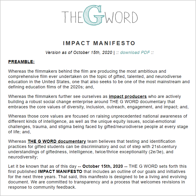 theGwordfilm's tweet photo. We released an IMPACT MANIFESTO, a doc that will guide key aspects of our work for the next 2-3 years, which was written w/ help from members of our National Partnership Network. READ IT: 👉 https://t.co/1wtnN4yA9H

Endorsements/feedback encouraged! 

#TheFutureIsGifted #gifted https://t.co/28BTzijWX3