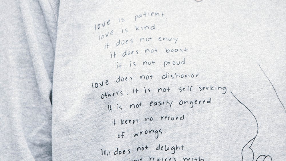 sadierob's tweet photo. love is patient, love is kind. new words sweatshirt made for this season. limited quantities available at https://t.co/kwghawreFg https://t.co/hzDhBOixGR