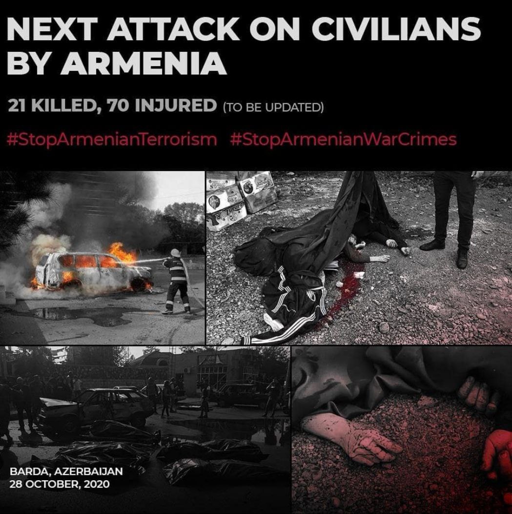 Today 22 people lost their lives in the #Barda !!There are more than 70 injured and 40 are in severe condition !! the war is at the border but miles from the border people are dying !!Where is the justice?! #Bardacity #WarCrimes  #StopArmenianOccupation #ArmeniaKillsCivilians