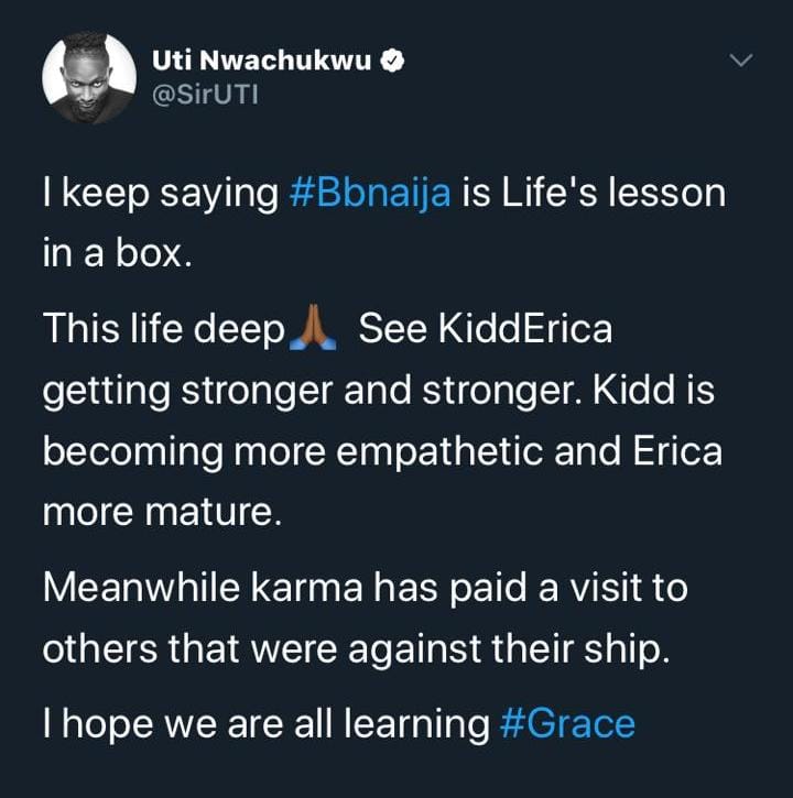 Just bcos of small fight o. Uti and Katrina turned motivational speaker.Uti said God of vengeance was working for Kiddrica that's why Neovee ship scattered.Katrina was already calling Kaisha to go snatch her boo.Should we tell them?