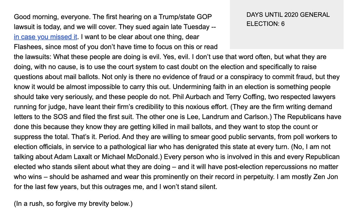 The Trump campaign filed another lawsuit last night and is in court in a few minutes on another one, trying to undermine faith in NV elections. They have no evidence, but they are raising smoke to pretend there is a fire. It is nothing short of evil. Yes, evil. I wrote about it.