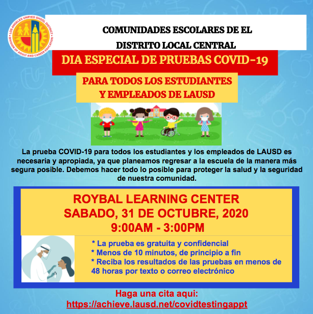 lausd_ldc's tweet photo. Free COVID-19 Testing DAY! See flyer attached for more information. Schedule an appointment here: https://t.co/O6dsg1VtMj https://t.co/u324n5VOIY