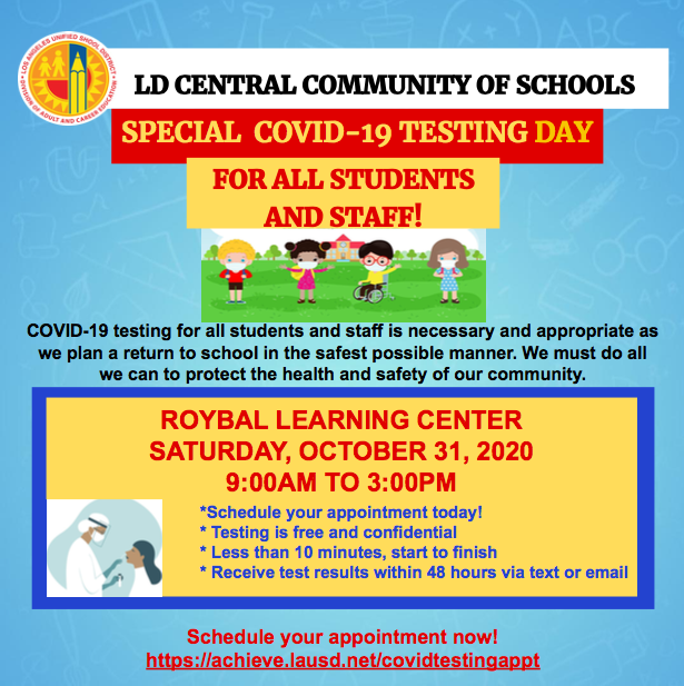 lausd_ldc's tweet photo. Free COVID-19 Testing DAY! See flyer attached for more information. Schedule an appointment here: https://t.co/O6dsg1VtMj https://t.co/u324n5VOIY