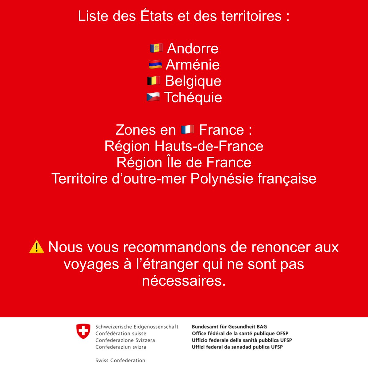 BAG_OFSP_UFSP's tweet photo. Le Conseil fédéral définit une nouvelle valeur seuil pour l'inscription des États et des territoires sur la liste des pays à risque : dès demain, seuls les États et territoires dont l'incidence dépasse de 60 celle de la Suisse figureront sur la liste. https://t.co/NRhimVFHZo