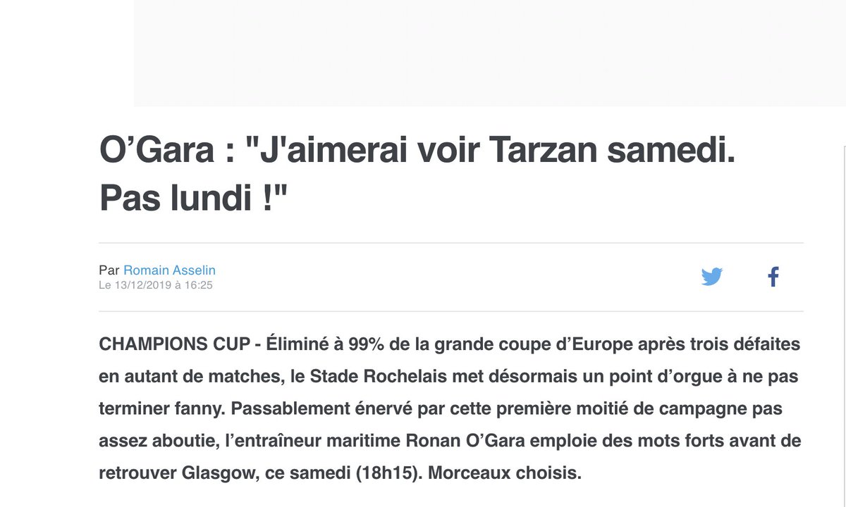 J'ai pris connaissance des propos du joueur de 
<a href="/UBBrugby/">Union Bordeaux Bègles</a> et tiens à préciser que "faire le Tarzan" n'a aucune connotation raciste dans ma bouche. Expression qu'utilise souvent notre entraîneur <a href="/RonanOGara10/">Ronan O Gara</a> qui signifie "faire le héros". Je suis désolé de cette incompréhension.