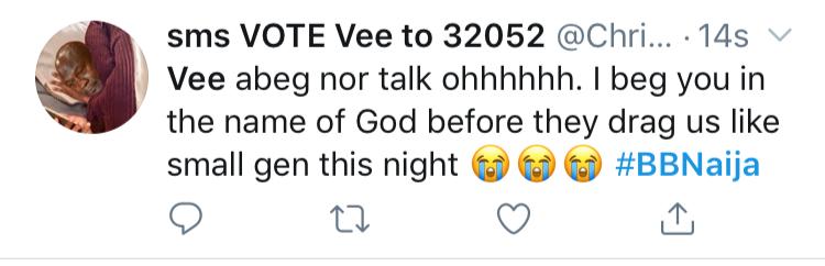  @veeiye 's handler was a cruise.Whenever Vee talks in the houseVeehives: Problem,a ma ni problem.Vee didn't even pity her fans. Everyday dragging