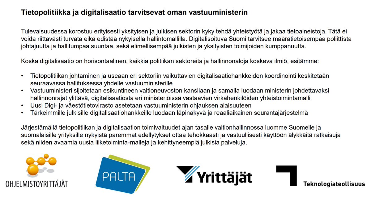 rasmusroiha's tweet photo. "Pääministeri Marin haluaa kyberturvallisuuden yhden ministeriön vastuulle" 😁 FINALLY! Ehdotimme tätä ennen vaaleja @Software_FI @TechFinland @Paltary @Elinkeinoelama Tarve on Tietopolitiikan ja Digin vastuuministeristä - jollakin kokonaiskuva ja vastuu! https://t.co/fEqbjhAx7a