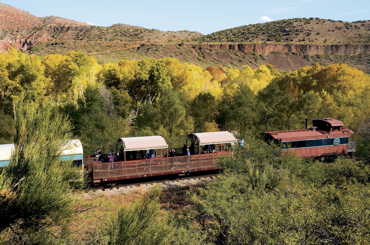 VerdeCanyonRail's tweet photo. Picture yourself here. #FallColorTours follow the #VerdeRiver via historic rails of #VerdeCanyonRR. All passengers have access to adjoining open-air viewing cars, a favorite aspect for many, allowing a feeling of immersion into the wild beauty of Arizona. https://t.co/OZlcxDmlTv https://t.co/7Br2dXb1wa