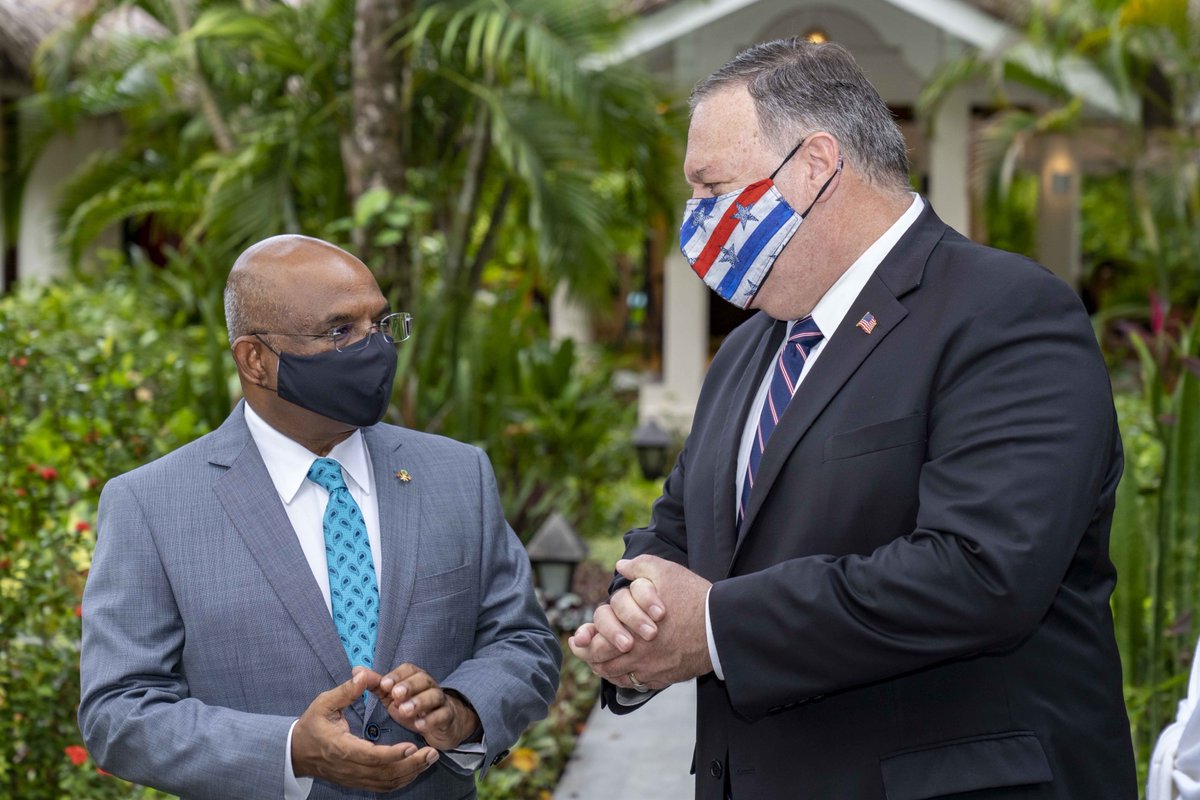 SecPompeo's tweet photo. Great meeting with Maldivian Foreign Minister @abdulla_shahid to discuss plans for economic recovery and ways we can cooperate to increase security &amp; counter terrorism. Excited about our plan to open a U.S. Embassy in Maldives, which symbolizes our strong and growing partnership. https://t.co/E7AUqPHoaH