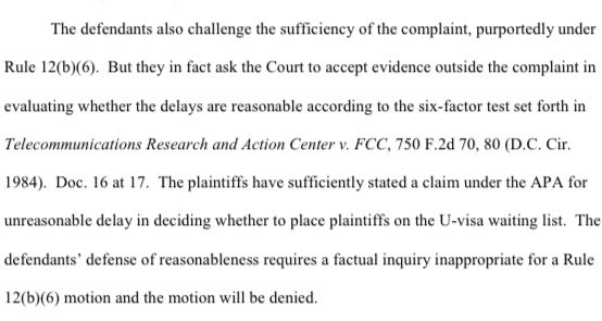 BradBanias's tweet image. MDNC denies R 12(b)(6) motion to dismiss unreasonably delayed U status waiting list claim in one, straightforward, deceptively simply paragraph. This is how all Rule 12(b)(6) motions for unreasonable delay claims should go. #litigationworks