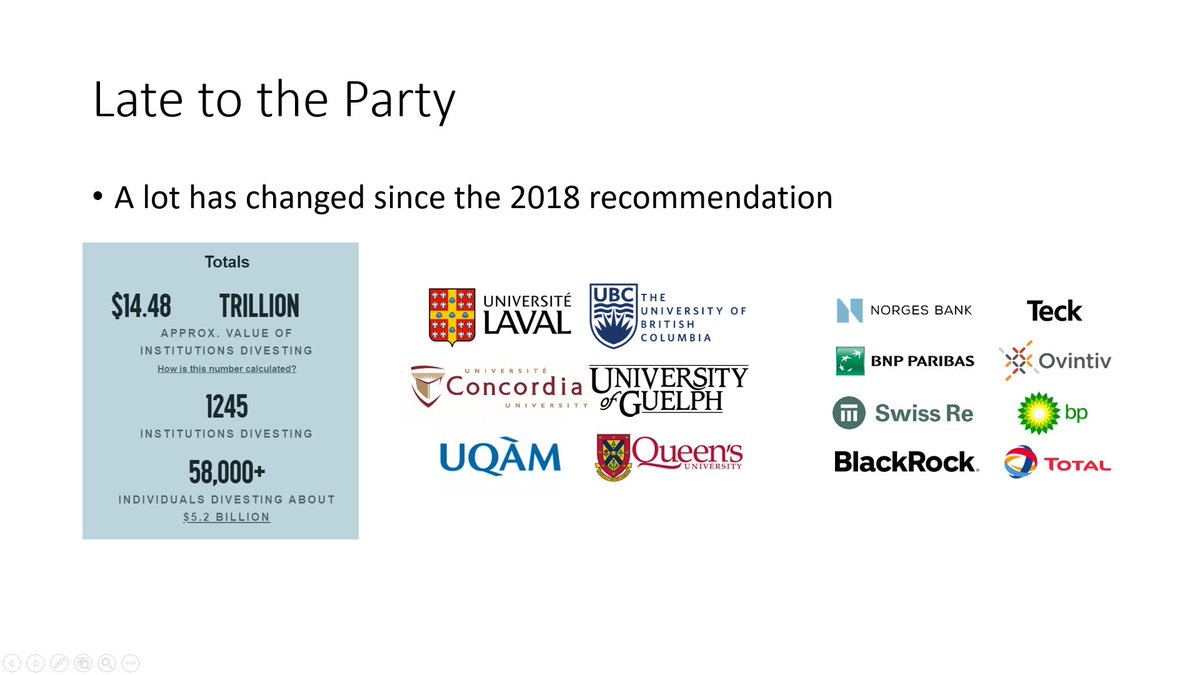 Since the decision to *not* divest in 2018 - global commitments have nearly doubled to $14.5T AUM. Canadian universities including neighbours Guelph and Queens, alongside major investors, lenders, insurers, and industry have all begun distancing themselves from fossil fuels.