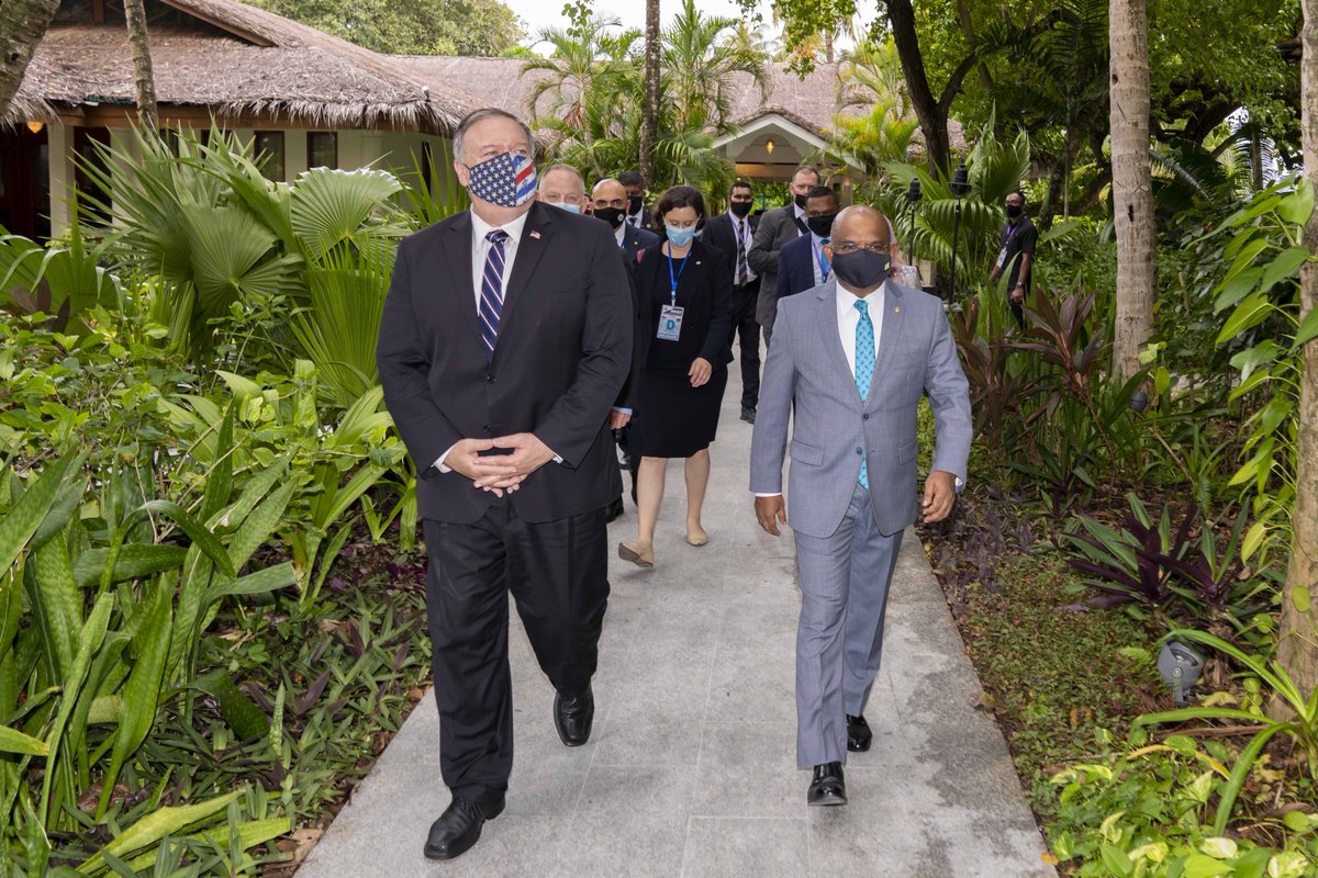 SecPompeo's tweet photo. Great meeting with Maldivian Foreign Minister @abdulla_shahid to discuss plans for economic recovery and ways we can cooperate to increase security &amp; counter terrorism. Excited about our plan to open a U.S. Embassy in Maldives, which symbolizes our strong and growing partnership. https://t.co/E7AUqPHoaH