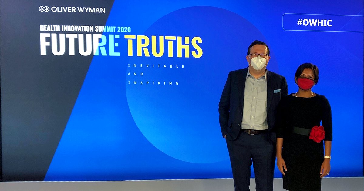 OliverWyman's tweet photo. #FutureTruths: MC @SamOnHealth, with Keynote Presenter Parie Garg, sets the stage for #OWHIC noting, "'Future truths' are things we’ll hold each other accountable for. We can predict what changes we need to make in response to a changing world." More > https://t.co/JVLrVMochP https://t.co/UY25thlpKN