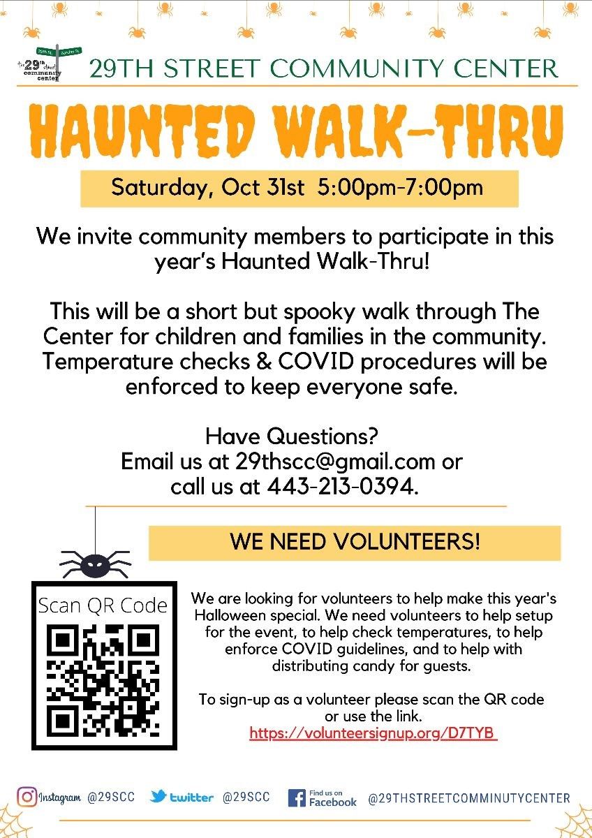 Enjoy a safe and spooky Haunted Walk-Thru at <a href="/29SCC/">29th St Comm Center</a> this Halloween from 5 to 7pm!