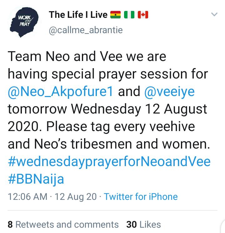  @NeoAkpofure and  @veeiye see receipts.Your fans prayed and fasted for you guys every week. They deserve some accolades mehn