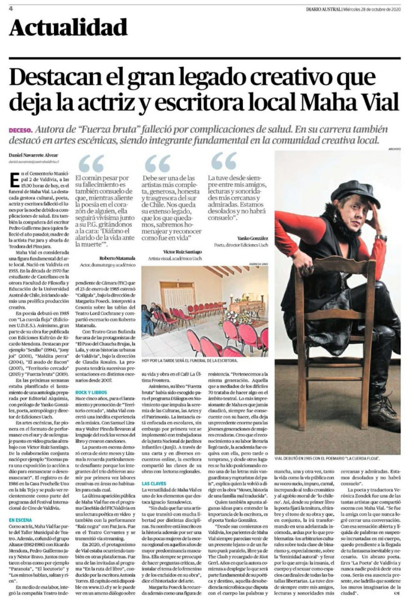 [Prensa <a href="/austral_losrios/">Diario Austral</a>] Destacan el gran legado creativo que deja la actriz y escritora local Maha Vial

Leer más aquí ⬇️