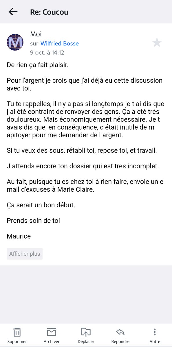 Je lui fait forcément un diagnostique qui casse ses plans ."Faut pas manger des choses avariées jeune homme".Maurice est grand prince : il lui offre la consultation. Mais pas question de lui envoyer de l'argent.