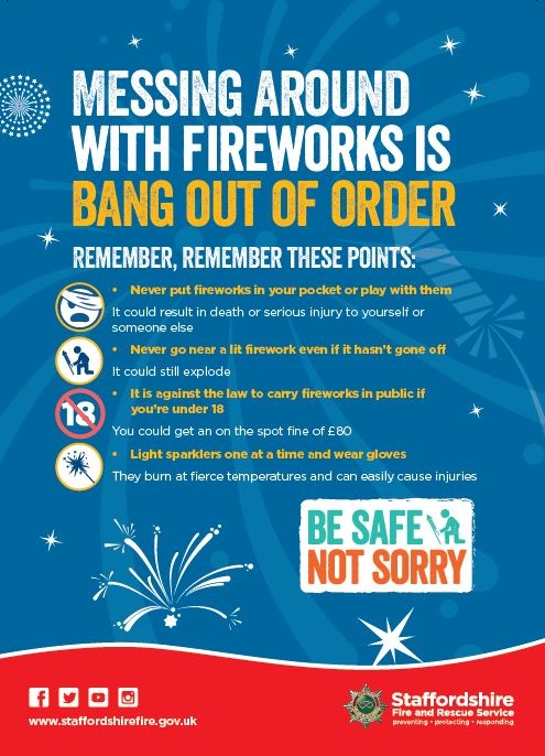 StaffsFire's tweet image. Calling all parents, we NEED your help, we don’t want any young people to get injured by fireworks this year.

With Bonfire Night approaching please help your children understand how dangerous fireworks are &amp;amp; the consequences of playing with them #BeSafeNotSorry