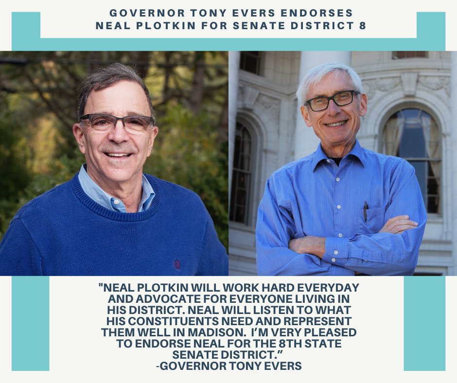 NealPlotkin1's tweet photo. We proudly announce that our campaign has been endorsed by Governor Tony Evers! I am honored by @GovEvers 's endorsement and look forward to working along side him to improve the lives of all Wisconsinites. https://t.co/XXvNK2fQ6T