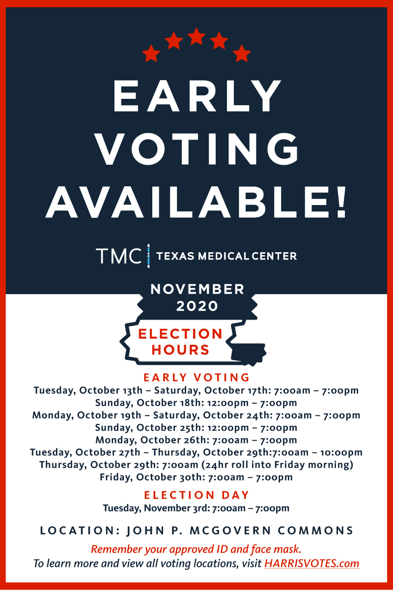 TXMedCenter's tweet photo. We are excited with the continued turnout of the TMC polling location, with over 9,400 people voting on our campus so far. 
24 hour in-person #earlyvoting will be held tomorrow, Thursday, October 29 to help our healthcare community that works around the clock. 
#Vote2020 #Vote https://t.co/CfXGp5EOVI