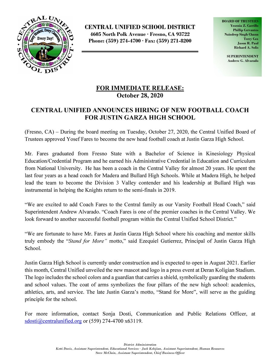 CentralUSD's tweet image. @CentralUSD announces the hiring of the new football coach at Justin Garza High School. 
#CentralUSD