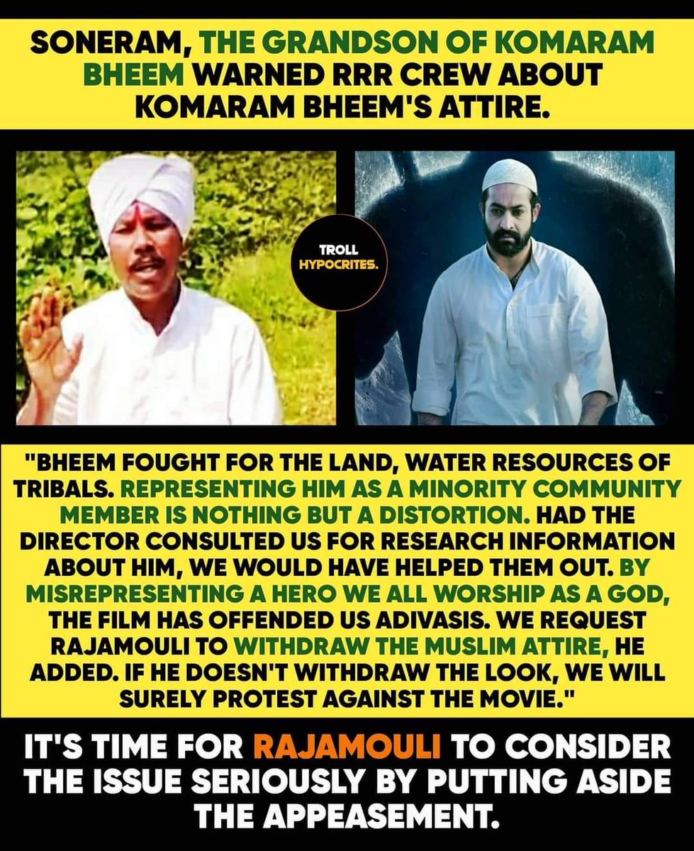DeepakK71725803's tweet photo. Bollywood ki appeasement policy ab to tollywood mai v suru hogai. Why they always try to modify and destroy the original history. #BoycottRRR #BoycottBollywood #AbkiBaarJusticeForSSR https://t.co/jvHVBc7SFX