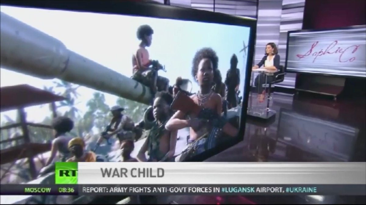 RT interview with a former child soldier from South Sudan. Rather than using a real image, someone thought it might be a good idea to show a clip from Metal Gear Solid during an interview.  https://www.dailymotion.com/video/x21oyhw 