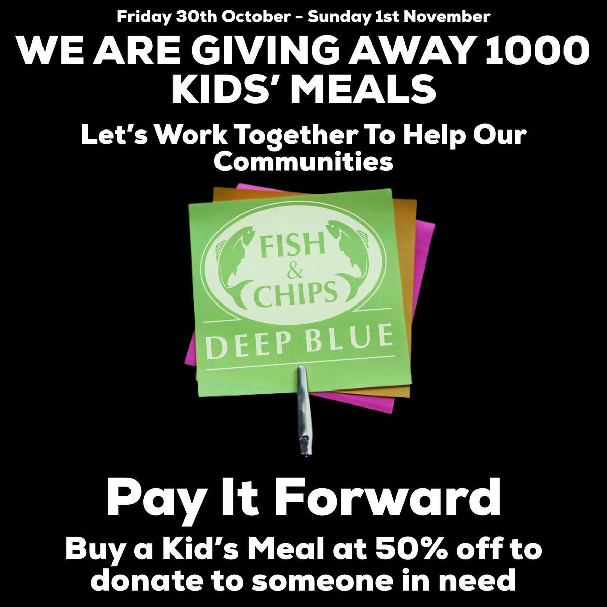 DeepBlueGB's tweet photo. Following the example set by @MarcusRashford, we are pleased to announce that Friday - Sunday this week we will be giving away 1000 Kids’ Meals and launching a Pay It Forward scheme, so you can do your part to help your community. https://t.co/0r4Nwd2QBN