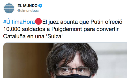 culpaderusia's tweet photo. Rusia abortó el envío de 10.000 soldados a Cataluña que prometió a Puigdemont porque Putin temía que no soportaran las bajas temperaturas al cruzar Pirineos https://t.co/LwnKw3Rx96