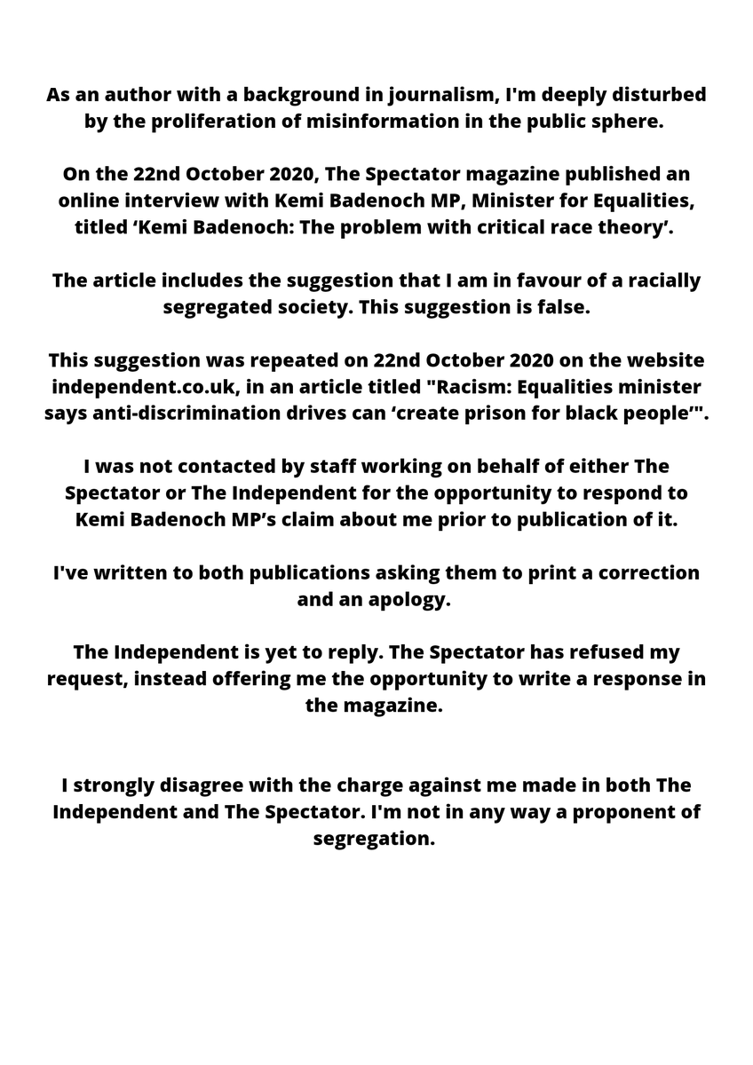 Reni Eddo-Lodge (@renireni) on Twitter photo I've written to both <a href="/spectator/">The Spectator</a> and <a href="/Independent/">The Independent</a>, asking them to correct the false claims about my politics published in both publications last weekend. I've written to both <a href="/spectator/">The Spectator</a> and <a href="/Independent/">The Independent</a>, asking them to correct the false claims about my politics published in both publications last weekend.